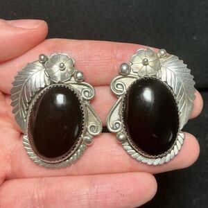 Black Onyx Earrings Vintage Onyx Earrings Clip On Earrings Sterling Silver